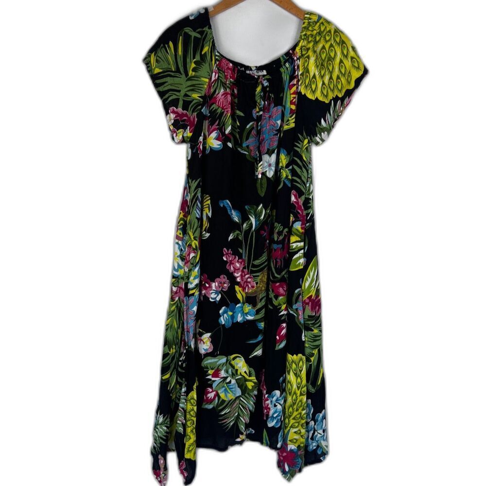 ASHA Black Floral Tropical Print Short Sleeve Asymmetrical Summer‎ Dress Size LG